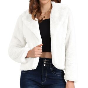 Winter Cropped Notch Lapel Long Sleeve Faux Fur Fluffy Coat White